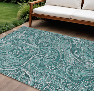 9' X 12' Teal Blue Aqua And Ivory Paisley Washable Indoor Outdoor Area Rug