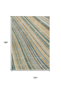 10' X 14' Beige Gold And Sage Striped Washable Indoor Outdoor Area Rug