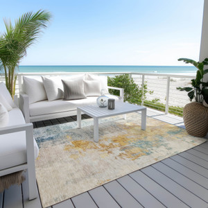 9' X 12' Linen Teal Blue And Copper Abstract Washable Indoor Outdoor Area Rug