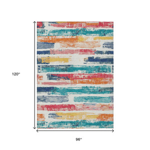 8' X 10' Ivory Teal Blue Orange And Red Striped Washable Indoor Outdoor Area Rug