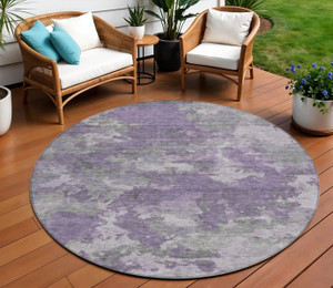 8' Lavender And Taupe Round Abstract Washable Indoor Outdoor Area Rug