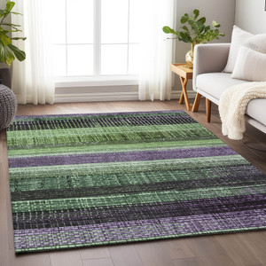 9' X 12' Purple And Green Striped Washable Indoor Outdoor Area Rug