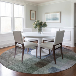 8' Brown Green And Blue Round Abstract Washable Indoor Outdoor Area Rug