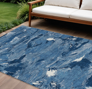 8' X 10' Navy Blue And Blue Abstract Washable Indoor Outdoor Area Rug