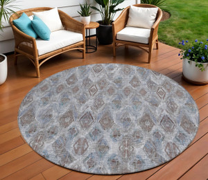 8' Sky Blue And Silver Round Geometric Washable Indoor Outdoor Area Rug