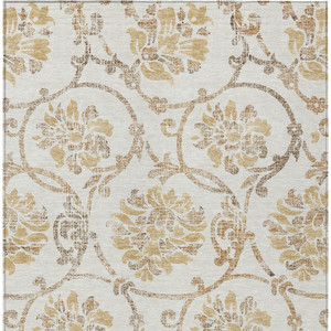 8' X 10' Ivory Beige And Gold Floral Washable Indoor Outdoor Area Rug