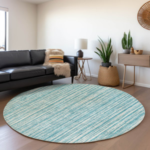 8' Teal Blue And Ivory Round Striped Washable Indoor Outdoor Area Rug