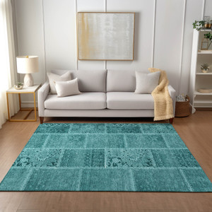 8' X 10' Turquoise Teal Blue And Aqua Patchwork Washable Indoor Outdoor Area Rug