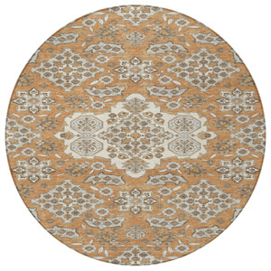 8' Terra Cotta Gray And Beige Round Medallion Washable Indoor Outdoor Area Rug