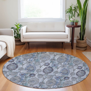 8' Navy Blue And Sky Blue Round Damask Washable Indoor Outdoor Area Rug