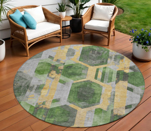 8' Green Gold And Silver Round Geometric Washable Indoor Outdoor Area Rug