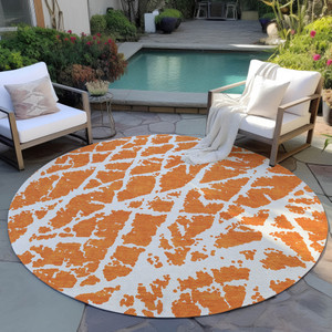 8' Round Orange and White Round Abstract Washable Non Skid Indoor Outdoor Area Rug