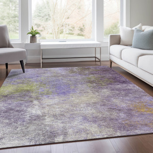 9' X 12' Purple And Olive Green Abstract Washable Indoor Outdoor Area Rug