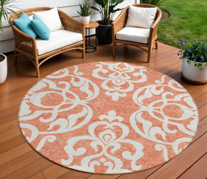8' Coral And Ivory Round Damask Washable Indoor Outdoor Area Rug - 880016846775
