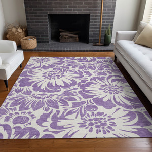 10' X 14' Purple and Ivory Floral Washable Non Skid Indoor Outdoor Area Rug