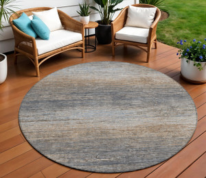 8' Pewter Round Striped Washable Indoor Outdoor Area Rug - Pewter