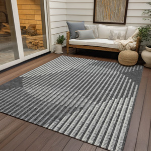 10' X 14' Charcoal And Ivory Geometric Washable Indoor Outdoor Area Rug