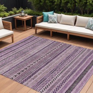 8' X 10' Plum And Lilac Striped Washable Indoor Outdoor Area Rug