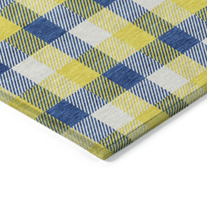 8' Yellow Blue And Beige Round Plaid Washable Indoor Outdoor Area Rug