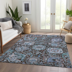 8' X 10' Chocolate And Aqua Damask Washable Indoor Outdoor Area Rug