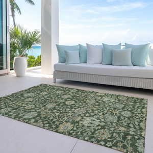 8' X 10' Green Tan And Gray Floral Washable Indoor Outdoor Area Rug