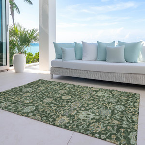 8' X 10' Green Tan And Gray Floral Washable Indoor Outdoor Area Rug
