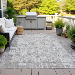 8' X 10' Taupe And Ivory Patchwork Washable Indoor Outdoor Area Rug