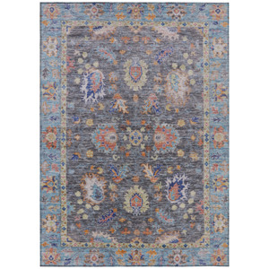 10' X 14' Gray And Denim Blue Floral Washable Indoor Outdoor Area Rug