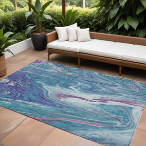10' X 14' Teal Blue Purple And Pink Abstract Washable Indoor Outdoor Area Rug
