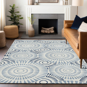 8' X 10' Blue And Ivory Geometric Washable Indoor Outdoor Area Rug - 608219055691