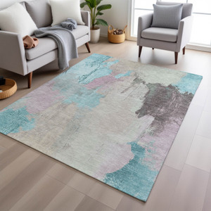 8' X 10' Teal Blue And Beige Abstract Washable Indoor Outdoor Area Rug