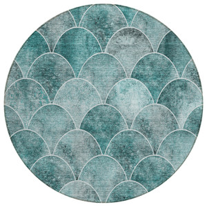 8' Teal Blue Aqua And Gray Round Abstract Washable Indoor Outdoor Area Rug Transitional Style - Teal Blue, Aqua, Gray Color