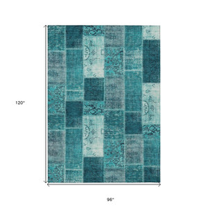 8' X 10' Teal Blue Aqua And Turquoise Patchwork Washable Indoor Outdoor Area Rug