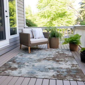 8' X 10' Sky Blue And Brown Abstract Washable Indoor Outdoor Area Rug