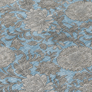 8' X 10' Blue Gray And Silver Floral Washable Indoor Outdoor Area Rug
