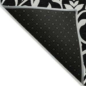 10' X 14' Black And Ivory Floral Washable Indoor Outdoor Area Rug