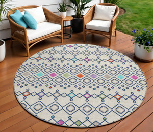 8' Linen Pink And Orange Round Geometric Washable Indoor Outdoor Area Rug