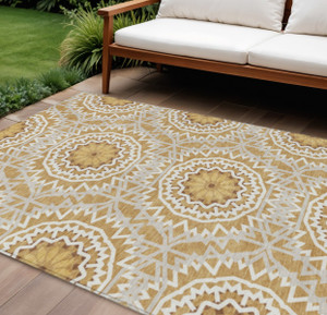 9' X 12' Gold Gray And Ivory Floral Medallion Washable Indoor Outdoor Area Rug