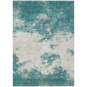 9' X 12' Teal Blue Ivory And Gray Abstract Washable Indoor Outdoor Area Rug