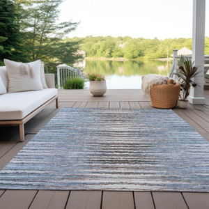 9' X 12' Sky Blue And Denim Blue Striped Washable Indoor Outdoor Area Rug