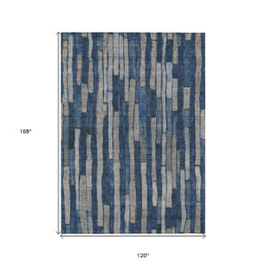 10' X 14' Navy Blue And Denim Blue Striped Washable Indoor Outdoor Area Rug