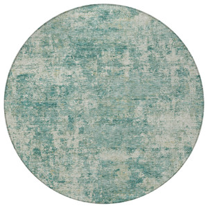 8' Teal Blue And Beige Round Abstract Washable Indoor Outdoor Area Rug