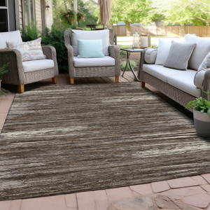 9' X 12' Brown And Ivory Striped Washable Indoor Outdoor Area Rug Transitional Style - Brown, Ivory Color
