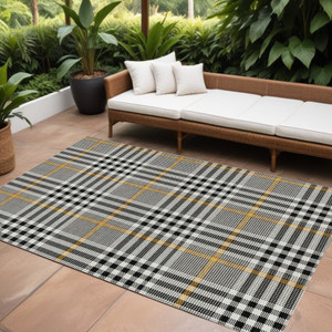 8' X 10' Black Gold And Ivory Plaid Washable Indoor Outdoor Area Rug