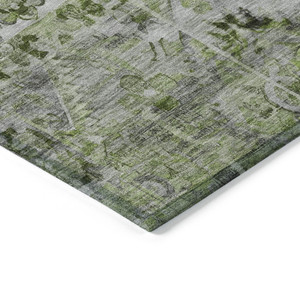 10' X 14' Artichoke Green And Gray Floral Medallion Washable Indoor Outdoor Area Rug