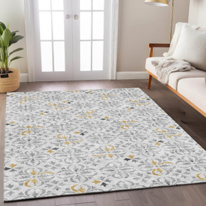 10' X 14' Silver Gray And Gold Floral Washable Indoor Outdoor Area Rug - 606114936459