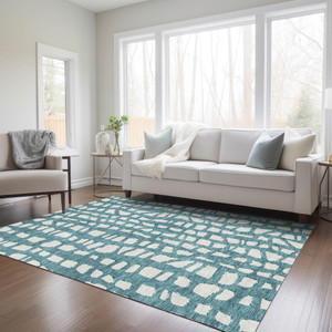 9' X 12' Teal Blue And Ivory Abstract Washable Indoor Outdoor Area Rug - 606114996224