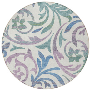 8' White Purple And Sage Round Floral Washable Indoor Outdoor Area Rug