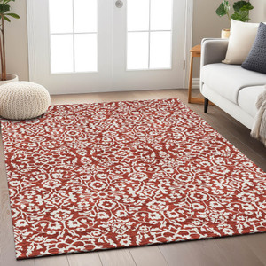 8' X 10' Red And Ivory Damask Washable Indoor Outdoor Area Rug