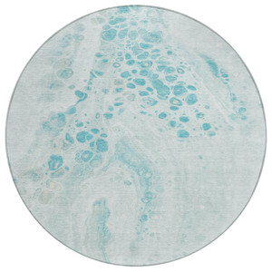 8' Teal Blue And Pale Aqua Round Abstract Washable Indoor Outdoor Area Rug